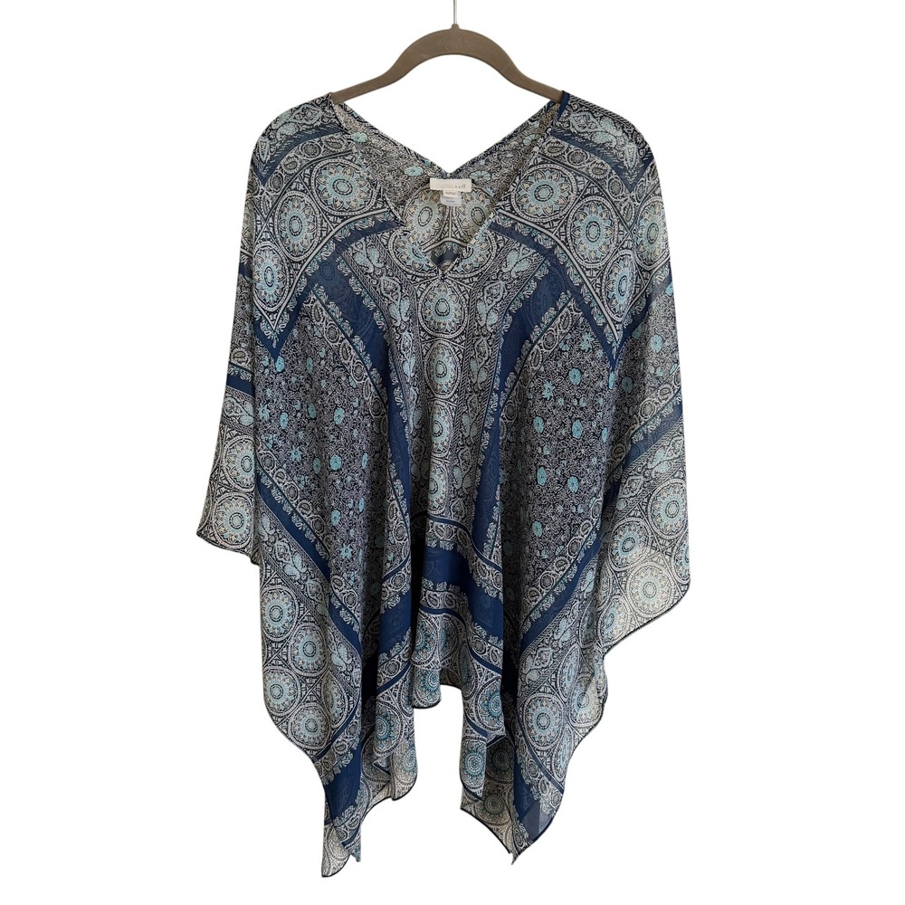 J. Jill Womens Blue Medallion Paisley Sheer Poncho Top V-Neck‎ One Size boho